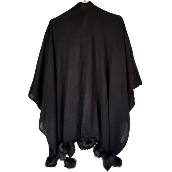 Vintage IVANA Black Shawl Wrap | Faux Fur Pom Trim | Made in Hong Kong | OS - Picture 2 of 4